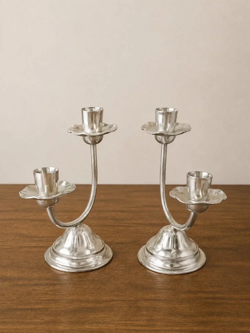 Vintage Banka Tin Indonesia Pewter 2-Arm Candelabra Candle Holders Pair MCM